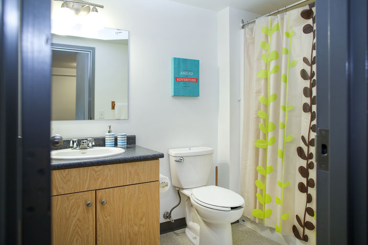 Private bathroom in a one bedroom suite at UBCO, Monashee Place.